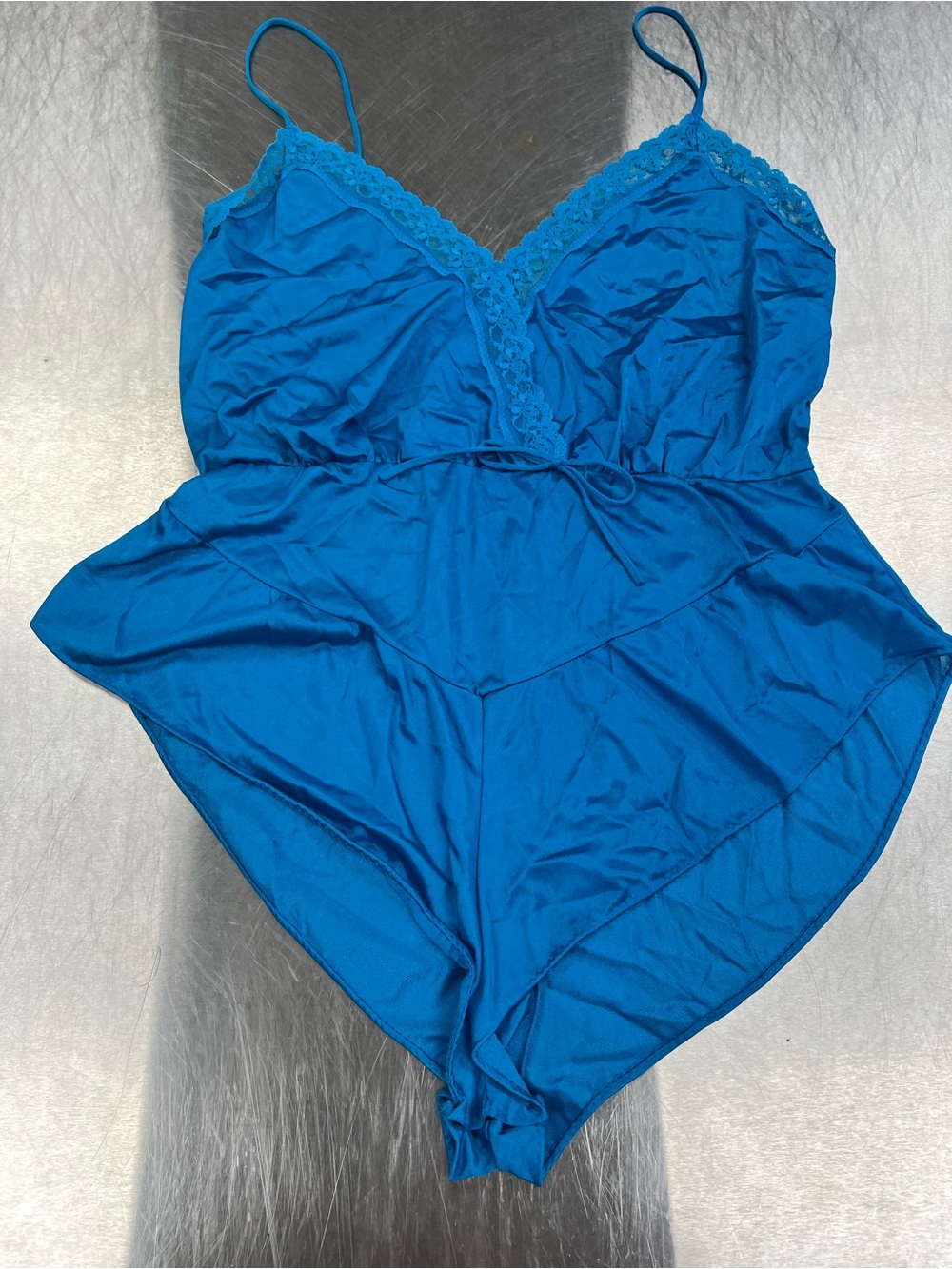 Vintage JCPenney Royal Blue Lace-Trim Satin Chemise Bodysuit Women’s Med
